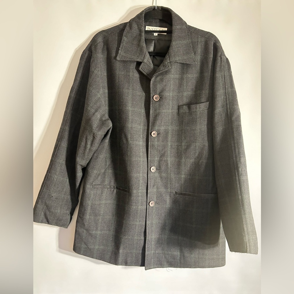 VTG INSERCH WOOL GREY GREEN BLACK PLAID TWEED SINGLE BREASTED BLAZER JACKET L